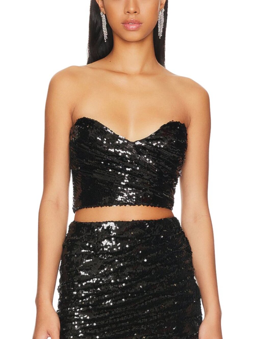 Ronny Kobo "Mark" Sequined Mesh Bustier Top — Black